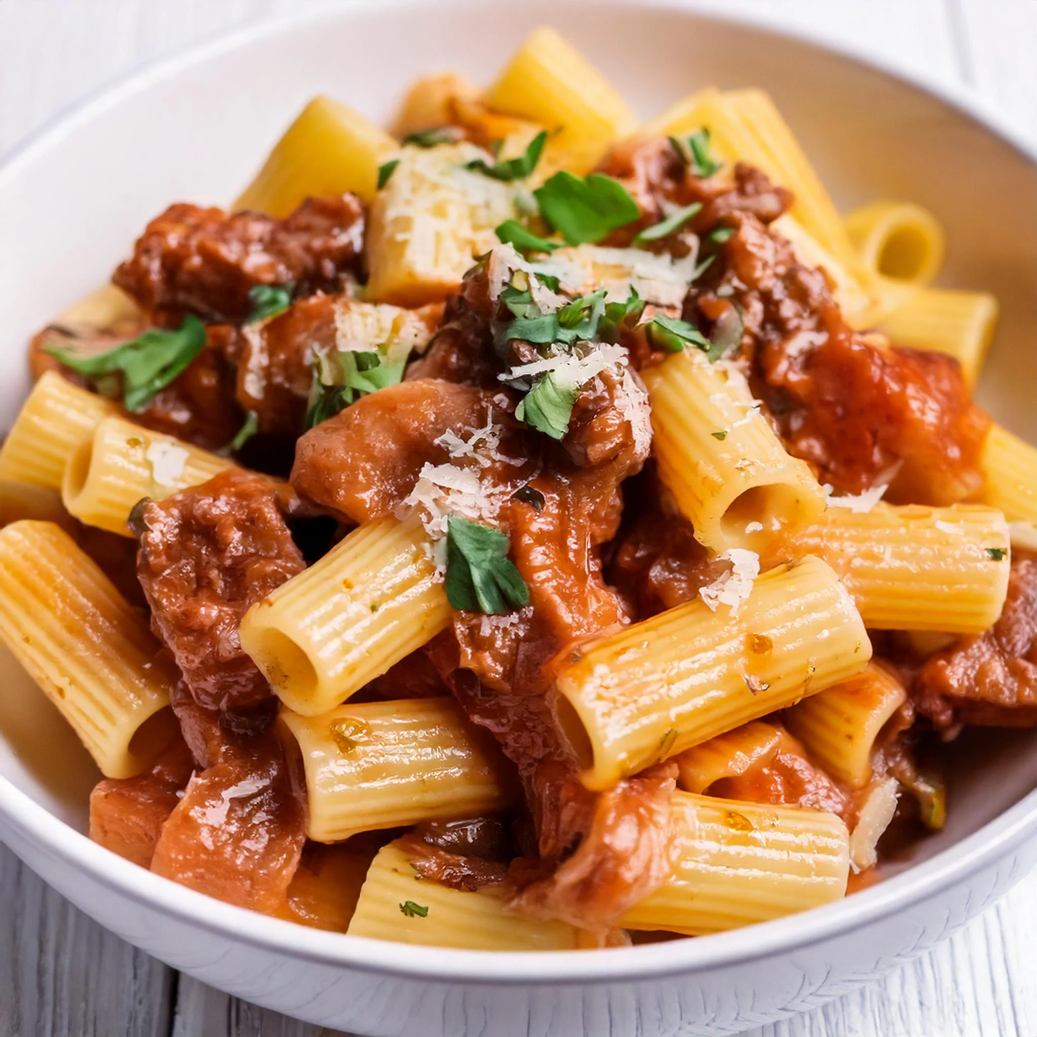 Creamy Parmesan Beef with Rigatoni Delight