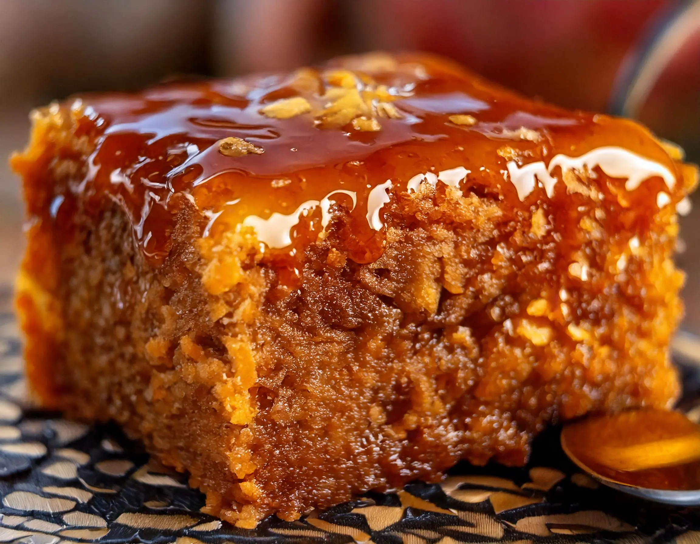 Firefly Amish Applesauce Cake Fluffy cake with honey dripping on top A hand takes a little with a sp 1